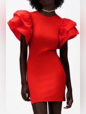 Zara Red oversized ruffle Puff Sleeve Sheath Dress